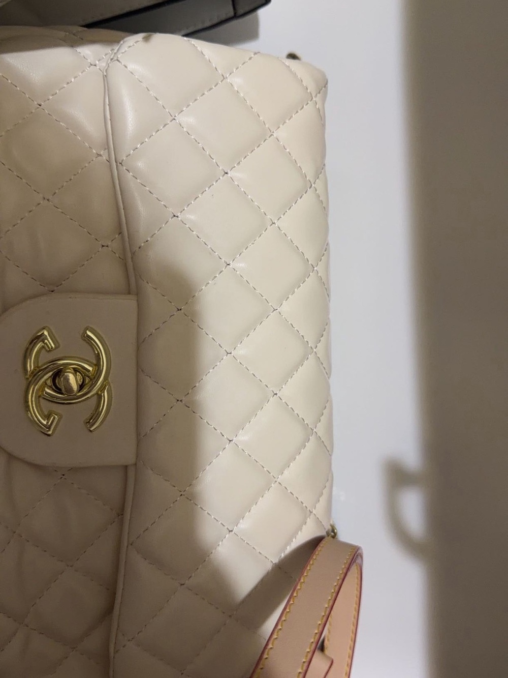 Cream Quilted Shoulder Bag with Gold Hardware